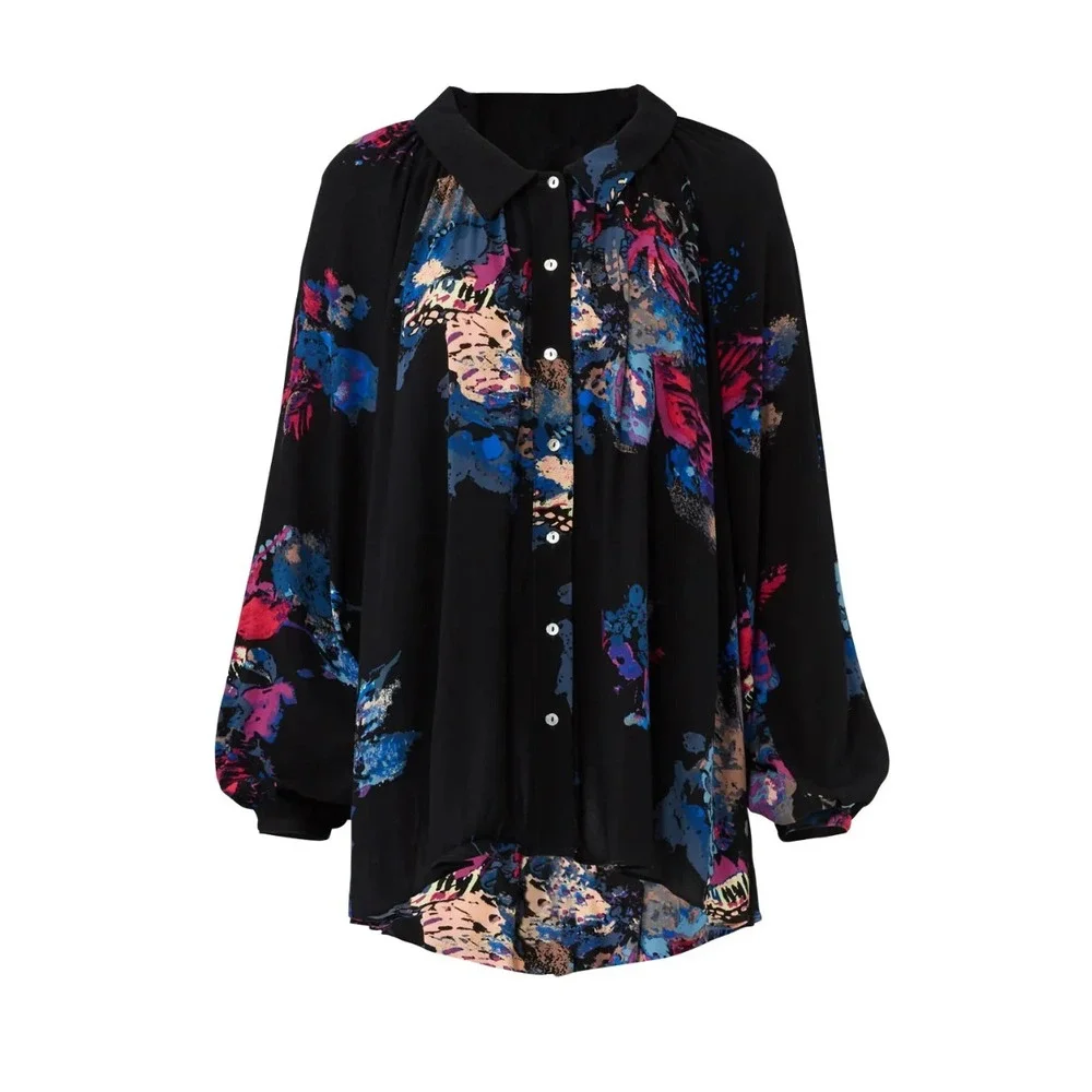 Free People Womens Floral Meadow Lark Blouse Long Sleeve‎ Top Oversized Size XS